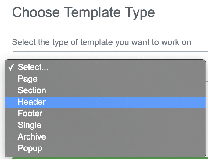 elementor theme builder choose template type